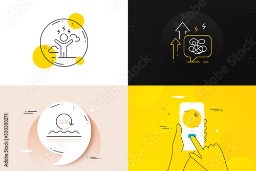 Minimal set of Uv protection, Stress grows and Difficult stress line icons. Phone screen, Quote banners. Carrot icons. For web development. Skin cream, Mental anxiety, Mind anxiety. Vector