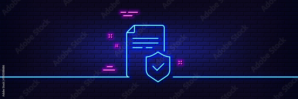 Neon light glow effect. Insurance policy line icon. Risk coverage document sign. Policyholder symbol. 3d line neon glow icon. Brick wall banner. Insurance policy outline. Vector Neon light glow effect. Insurance policy line icon. Risk coverage document sign. Policyholder symbol. 3d line neon glow icon. Brick wall banner. Insurance policy outline. Vector