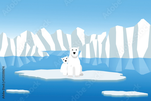 Polar bear stuck on melting ice floe with ice berg in the background, caused by the global warming effect.