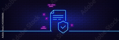 Neon light glow effect. Insurance policy line icon. Risk coverage document sign. Policyholder symbol. 3d line neon glow icon. Brick wall banner. Insurance policy outline. Vector