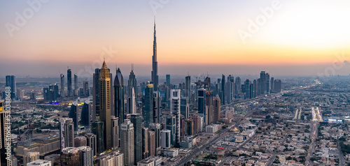 Aerial view of Dubai Downtown at sunset UAE