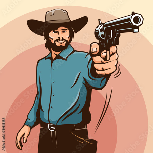 Western Cowboy with pistol. Gunslinger in the wild west draws a gun from its holster.