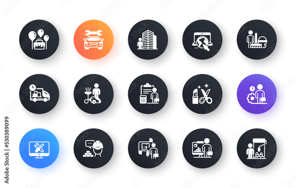Professional services icons. Car repair, Home cleaning, Engineering service icons. Builder and Painter, Wrench tool with hammer, Car service. Birthday party events. Circle web buttons. Vector