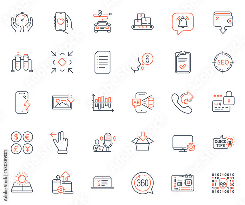 Technology icons set. Included icon as Dating app, 360 degrees and Timer web elements. Get box, Web lectures, Document icons. Binary code, Seo devices, Wholesale goods web signs. Vector