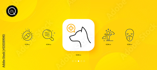 Veterinary clinic, Medical mask and Skin condition minimal line icons. Yellow abstract background. Difficult stress, Capsule pill icons. For web, application, printing. Vector