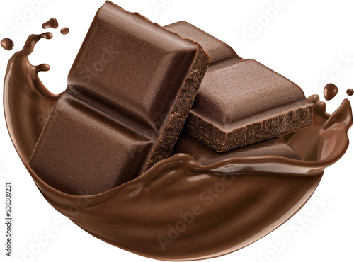 Chocolate pieces with chocolate splash isolated 