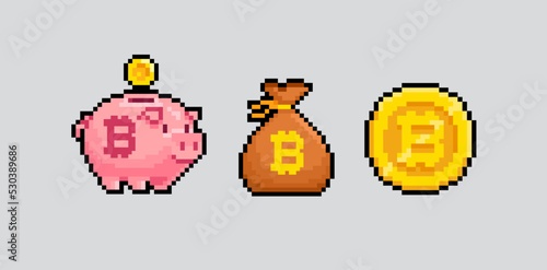 Pixel Art Bitcoin cryptocurrency golden Piggy Bank with gold icon - vector set. Bitcoin Crypto currency in 8-bit game style. Accamulate and saving cryptocurrency.  Digital Cryptocurrency