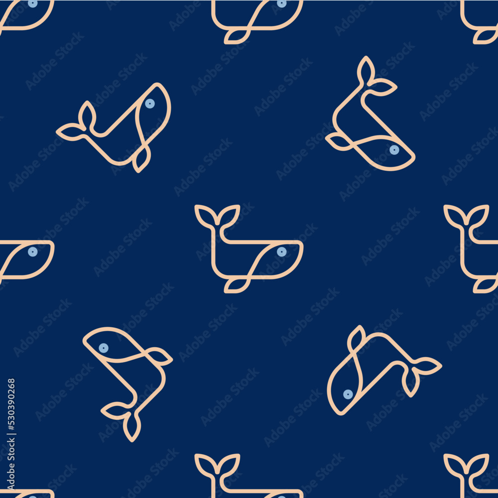 Line Whale icon isolated seamless pattern on blue background. Vector Line Whale icon isolated seamless pattern on blue background. Vector