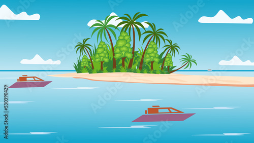 Vector cartoon style background of paradise sea shore. Good sunny day. Tropical island and ocean panorama with palm trees on the sides.