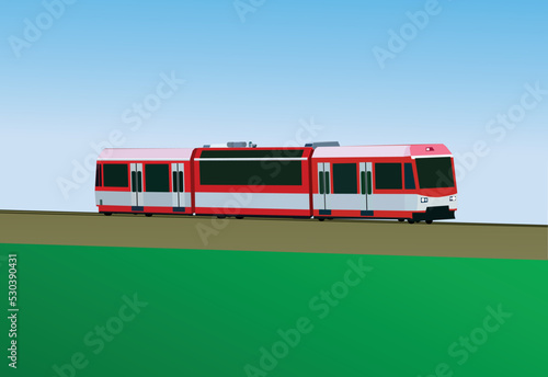 A vector of moving train at the field and clear sky.