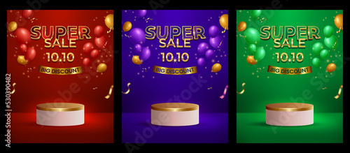 Super sale banner template collection with gold podium, 3d realistic balloons, sparkles and confetti