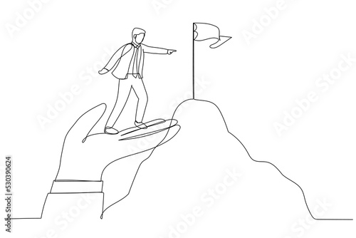 Illustration of businessman stand on giant helping hand to reach mountain peak target flag.  Metaphor for coaching. One continuous line art style