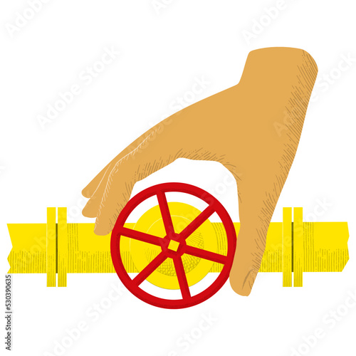 Gate valve of a gas pipe and hand that closes it, symbolic vector illustration.
