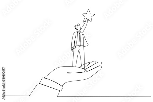 Drawing of giant hand helping a businessman to reach out for the stars. Single line art style