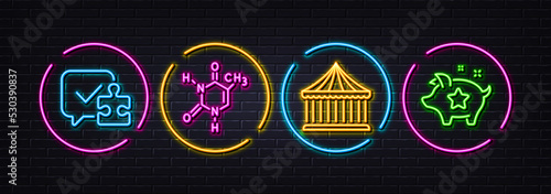 Puzzle, Carousels and Chemical formula minimal line icons. Neon laser 3d lights. Loyalty points icons. For web, application, printing. Jigsaw game, Attraction park, Chemistry. Piggy bank. Vector