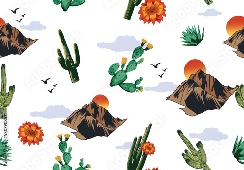 Desert Pattern with cactus, mountains, sun, birds, Desert Dreaming Arizona, Desert vibes vector graphic print design for apparel, stickers, posters, background and others. Outdoor western vintage art