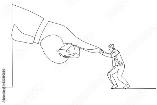 Illustration of brave businessman fight and keep pushing against giant business hand. Metaphor for conflict against boss or employer, david and goliath. One line art style