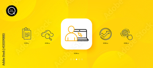 Online education, Clipboard and Audit minimal line icons. Yellow abstract background. Cloud computing, Cogwheel settings icons. For web, application, printing. Vector