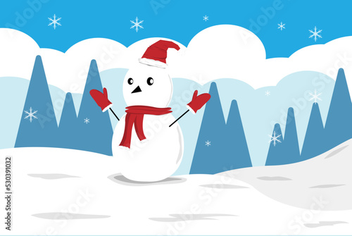 Snowman in red Santa clothes playing snowflakes in the winter