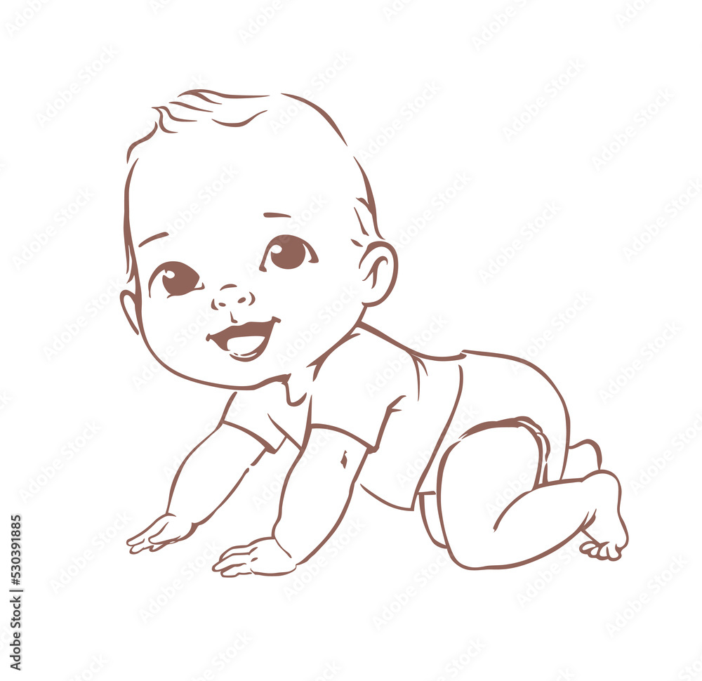 Cute little baby boy in diaper. Active baby of 3-12 months. First year baby development. Newborn crawling and smiling. Happy healthy baby Caucasian ethnic. Line vector illustration. Cute little baby boy in diaper. Active baby of 3-12 months. First year baby development. Newborn crawling and smiling. Happy healthy baby Caucasian ethnic. Line vector illustration.