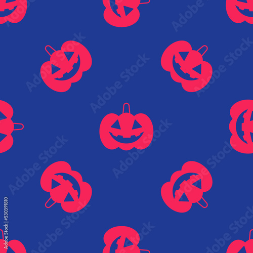 Red Pumpkin icon isolated seamless pattern on blue background. Happy Halloween party. Vector