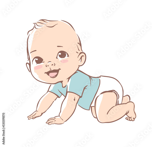 Cute little baby boy in diaper. Active baby of 3-12 months. First year baby development. Newborn crawling and smiling. Happy healthy baby Caucasian ethnic. Color vector illustration set.