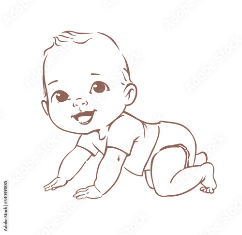 Cute little baby boy in diaper. Active baby of 3-12 months. First year baby development. Newborn crawling and smiling. Happy healthy baby Caucasian ethnic. Line vector illustration.