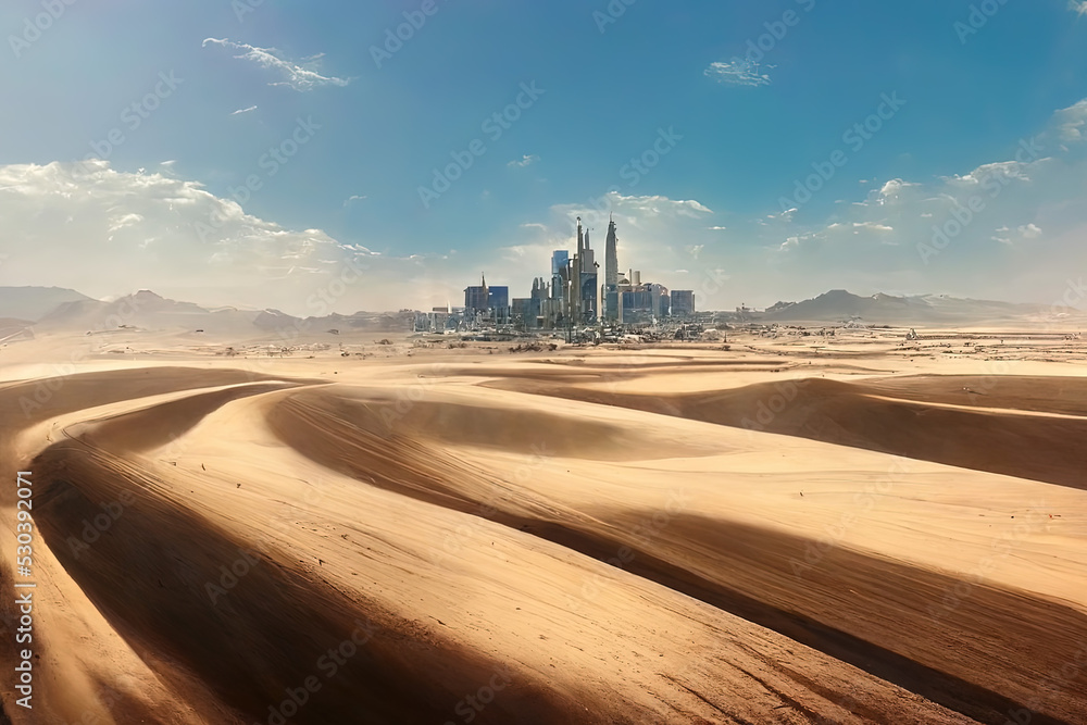 Fototapeta premium Futuristic Arab Desert City with Tall Skyscraper Buildings. Fantasy Backdrop. Concept Art. Realistic Illustration Video Game Background Digital Painting CG Artwork Scenery Artwork. Book Illustration 