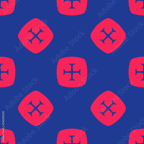 Red Crusade icon isolated seamless pattern on blue background. Vector