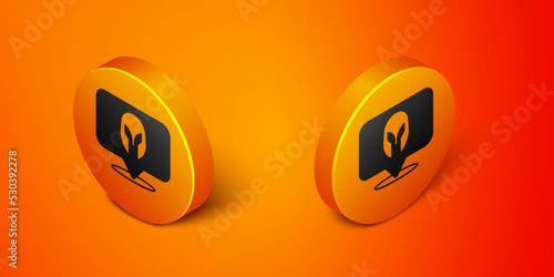 Isometric Medieval iron helmet for head protection icon isolated on orange background. Knight helmet. Orange circle button. Vector © Iryna
