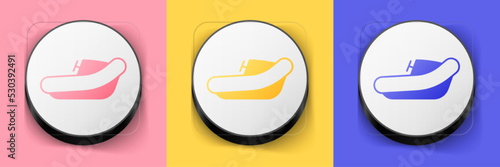 Isometric Inflatable boat with outboard motor icon isolated on pink, yellow and blue background. Square button. Vector