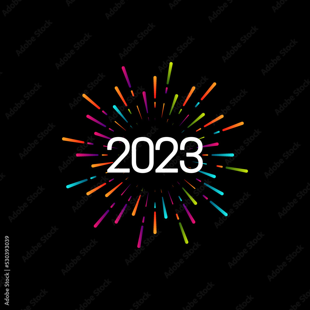 Happy New 2023 Year. Holiday Vector Illustration With Lettering Composition And Bursting Fireworks shape. Happy New 2023 Year. Holiday Vector Illustration With Lettering Composition And Bursting Fireworks shape.