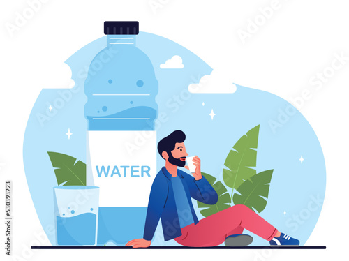 Man drinking water. Young guy with glass on background of large bottle. Taking care of health, active lifestyle, fitness and sports. Hydration and thirst concept. Cartoon flat vector illustration