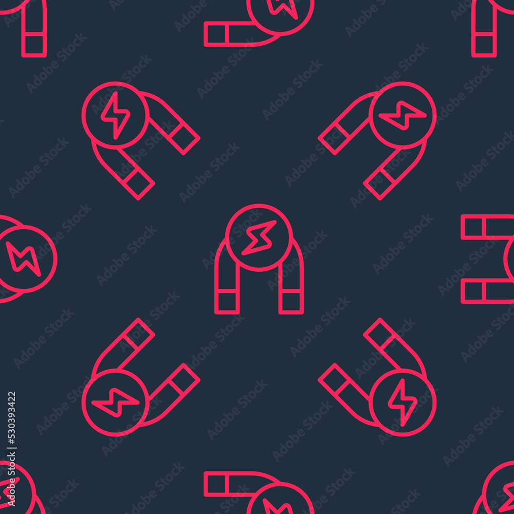 Red line Magnet icon isolated seamless pattern on black background. Horseshoe magnet, magnetism, magnetize, attraction. Vector Red line Magnet icon isolated seamless pattern on black background. Horseshoe magnet, magnetism, magnetize, attraction. Vector