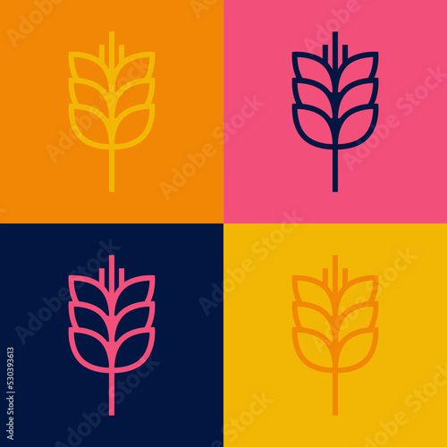 Pop art line Cereals set with rice, wheat, corn, oats, rye, barley icon isolated on color background. Ears of wheat bread symbols. Vector