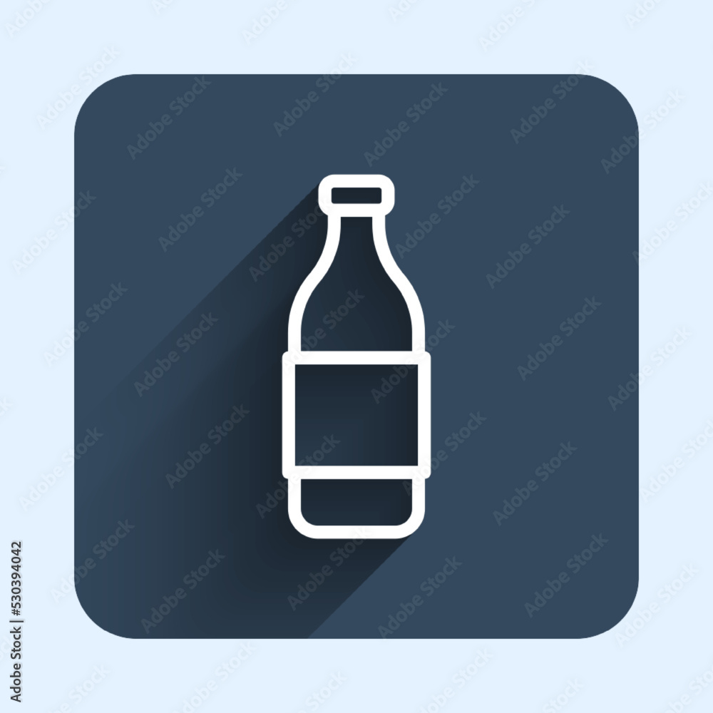 White line Bottle of wine icon isolated with long shadow background. Blue square button. Vector White line Bottle of wine icon isolated with long shadow background. Blue square button. Vector