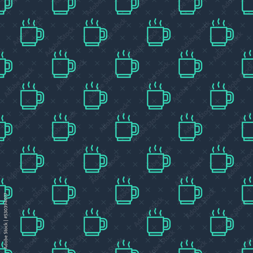 Green line Coffee cup icon isolated seamless pattern on blue background. Tea cup. Hot drink coffee. Vector Green line Coffee cup icon isolated seamless pattern on blue background. Tea cup. Hot drink coffee. Vector