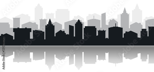 Cityscape. Cartoon urban skyline. City panorama, landscape, street, flat and office buildings. Wide horizontal panorama. Drawing silouette town view sky. Skyscrapers