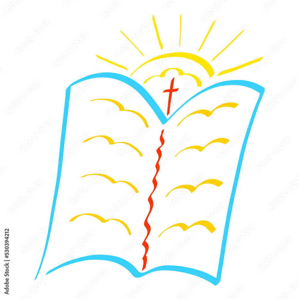 Obraz premium open blue Bible with text like flying birds, red cross in the shining sun above it