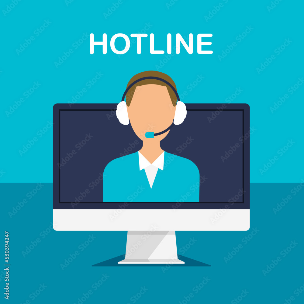 Tech support and customer service landing concept. Man with headphones and microphone on computer screen. Assistance, call center. Vector illustration.