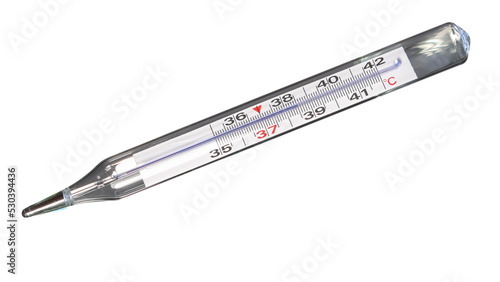Analog clinical thermometer, mercury free, calibrated in degrees centigrade indicating a temperature of 38.5 degrees centigrade. Fever or illness concept photo