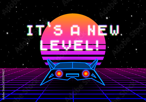 Synthwave greeting card with 80s styled sun, space ship and pixel font greeting phrase. New level, grade or upgrade party flyer with retro arcade spaceship design.