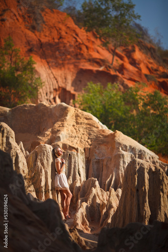 A beautiful young woman walks along a stream in the tropics. Vietnam Mui Ne. Blonde in the tropics