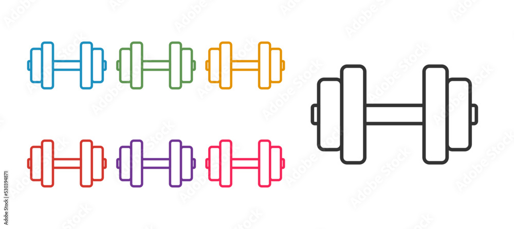 Set line Dumbbell icon isolated on white background. Muscle lifting, fitness barbell, sports equipment. Set icons colorful. Vector Set line Dumbbell icon isolated on white background. Muscle lifting, fitness barbell, sports equipment. Set icons colorful. Vector