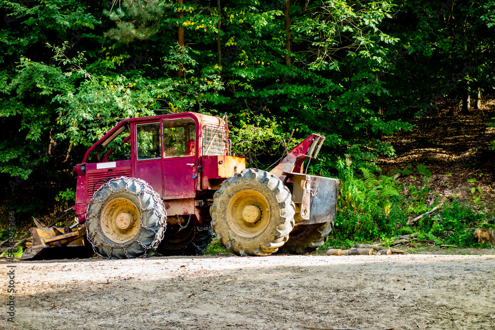 Logging tractor for harvesting felled trees in the forest Logging tractor for harvesting felled trees in the forest