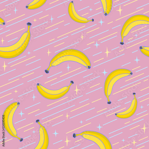Banana vortex. Magic wind on pink backdrop, delicate tones, cartoon summer vector illustration. Cute Seamless pattern in kawaii style. Cool kids background. Good design for fashion girls textile