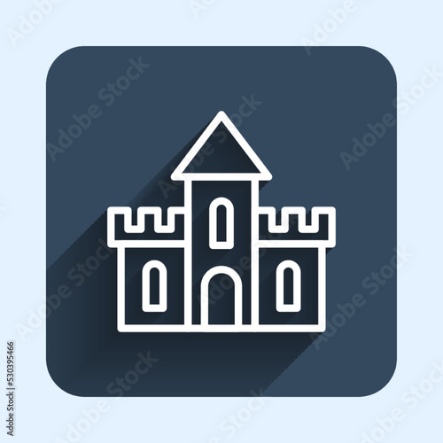 White line Sand castle icon isolated with long shadow background. Blue square button. Vector