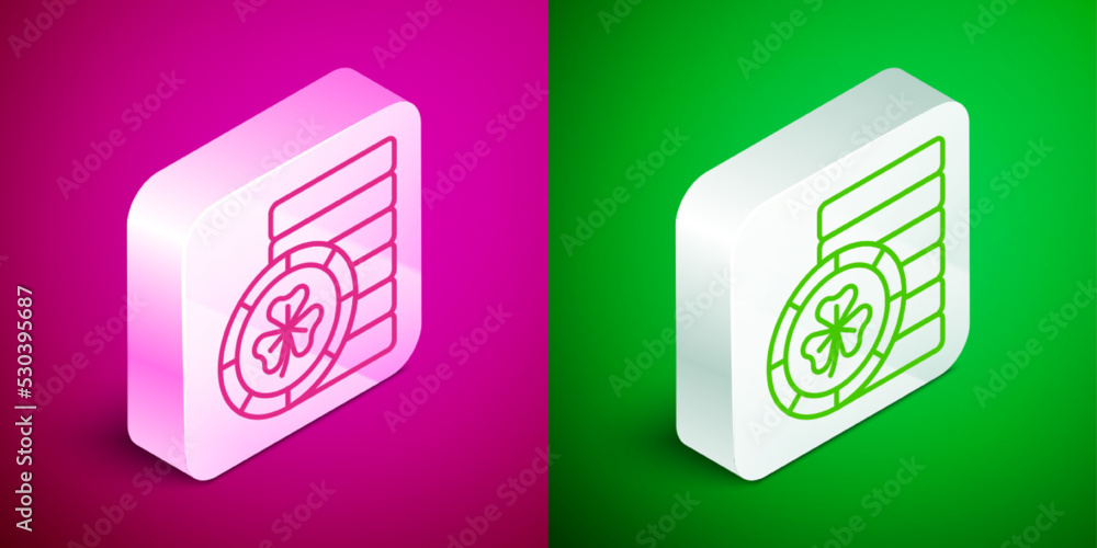 Isometric line Golden leprechaun coin with clover trefoil leaf icon isolated on pink and green background. Happy Saint Patricks day. National Irish holiday. Silver square button. Vector Isometric line Golden leprechaun coin with clover trefoil leaf icon isolated on pink and green background. Happy Saint Patricks day. National Irish holiday. Silver square button. Vector