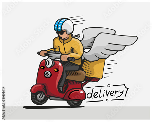 Delivery courier, rushes on red vintage scooter, sticker, print, isolated, cartoon vector illustration hand drawn