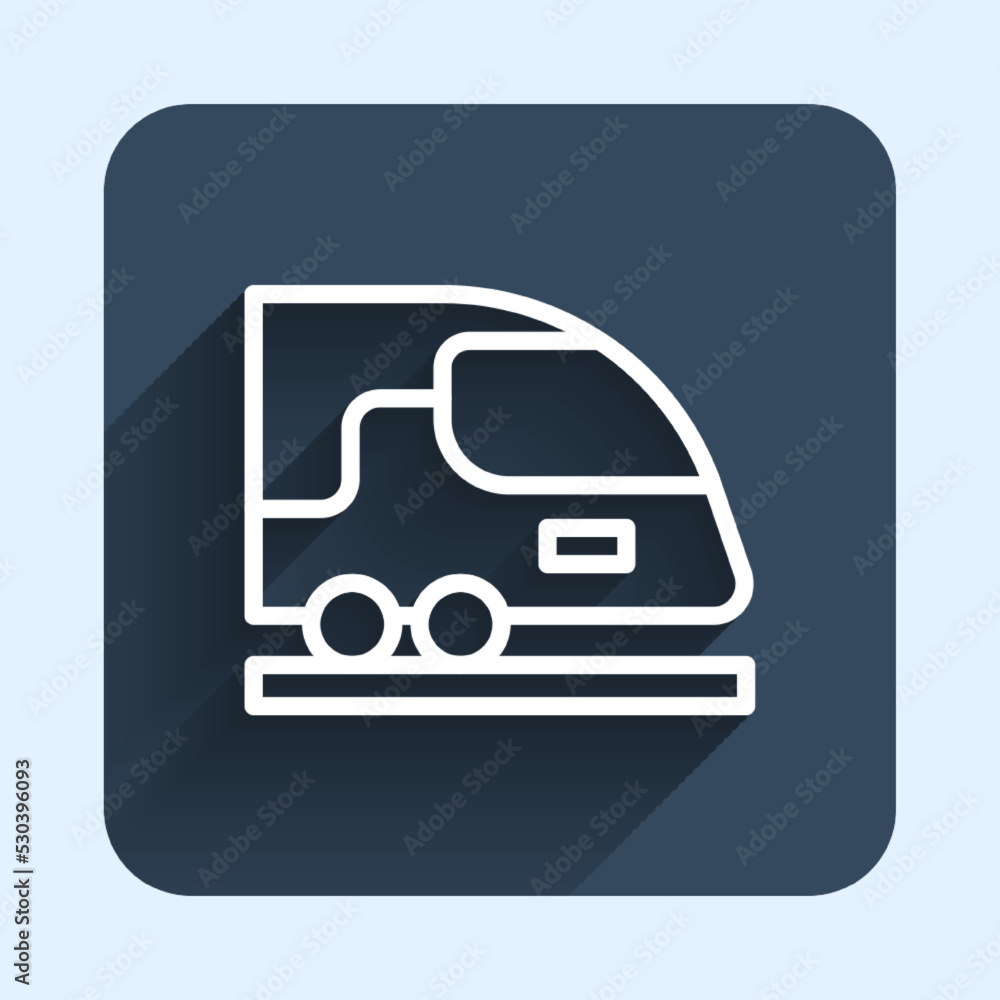 White line High-speed train icon isolated with long shadow background. Railroad travel and railway tourism. Subway or metro streamlined fast train transport. Blue square button. Vector White line High-speed train icon isolated with long shadow background. Railroad travel and railway tourism. Subway or metro streamlined fast train transport. Blue square button. Vector